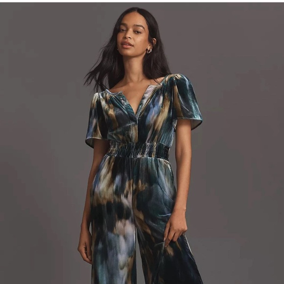 Anthropologie The Somerset Jumpsuit: Velvet Edition, Size XL Blue Motif